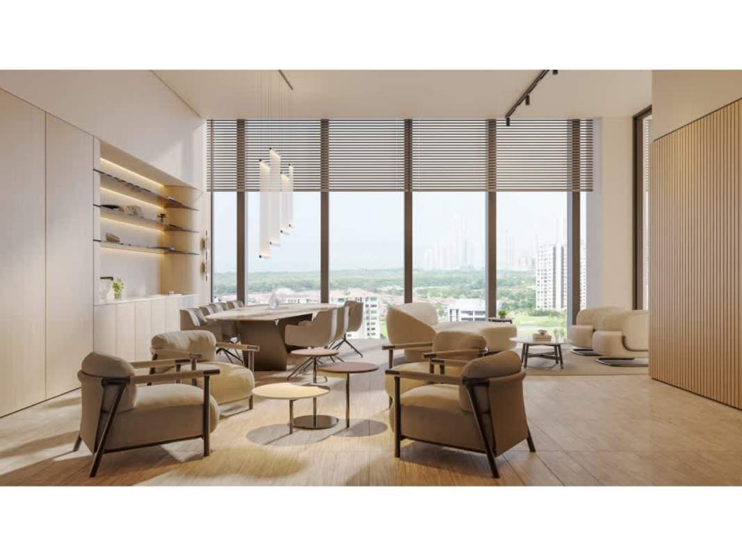 Contemporary kitchen with island, marble countertops, built-in appliances in PH The Ivy Panama City