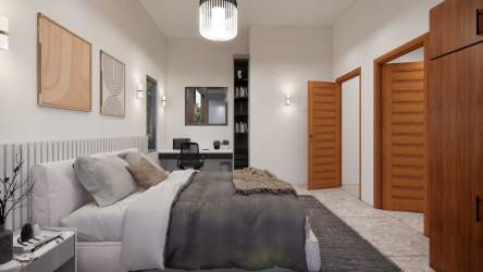 Modern kitchen with quartz countertops next to dining area Playa Venao Panama