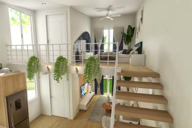 Loft mezzanine sleeping area and open plan living at Cozy Venao Playa Venao Panama