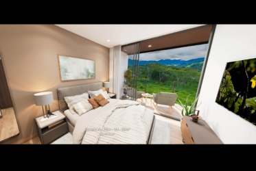 Modern open kitchen dining area white cabinetry wood floors Boquete Town Center condo