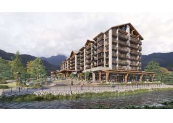 Multi-story alpine residential complex with garden landscaping and fountain Boquete Panama