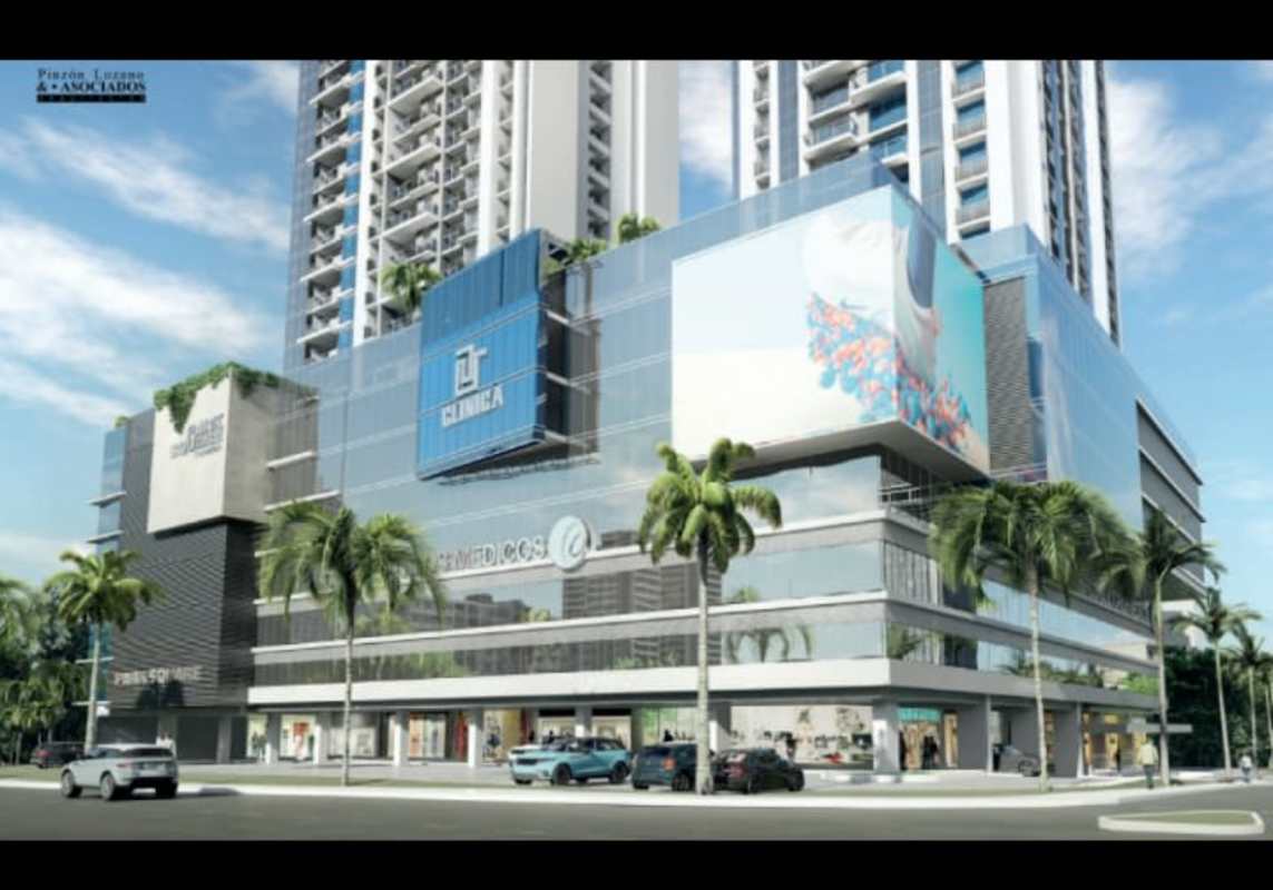 High-rise PH Bloom tower facade with commercial areas below Panama City