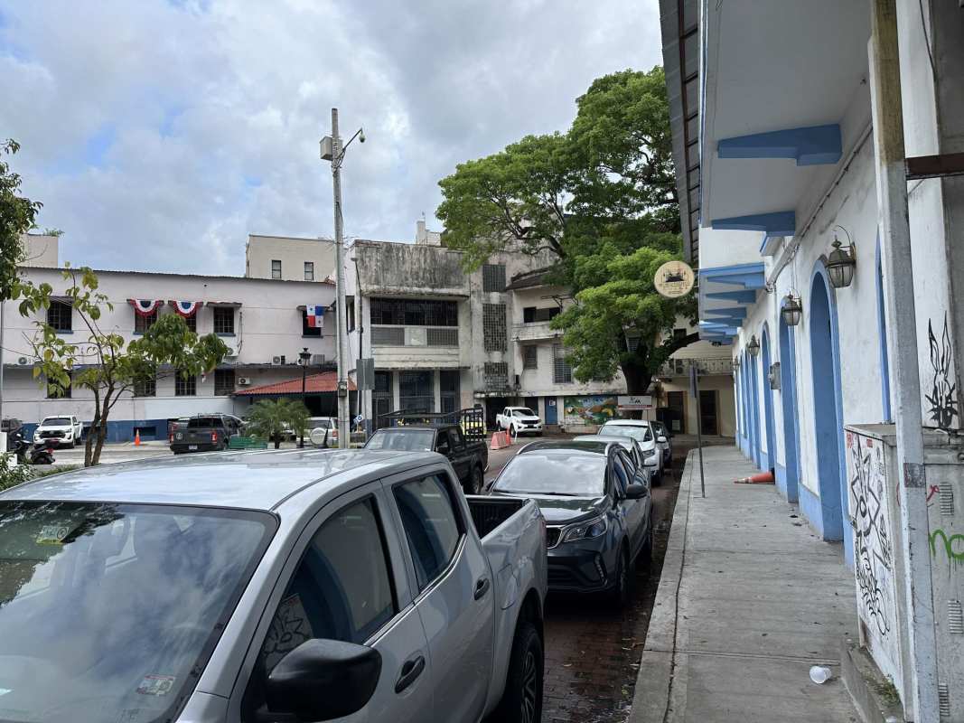 Street view colonial building in Casco Viejo with balconies and colorful facades