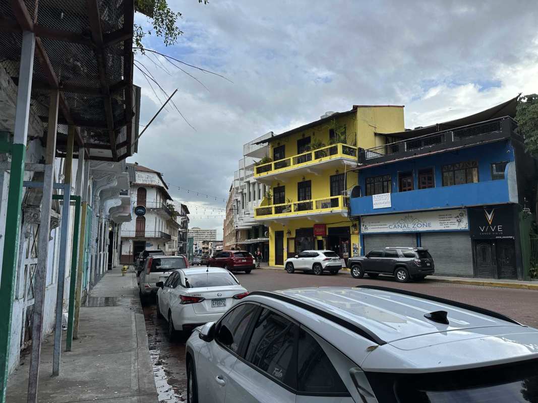 Historic district colonial buildings with balconies, perfect for commercial projects