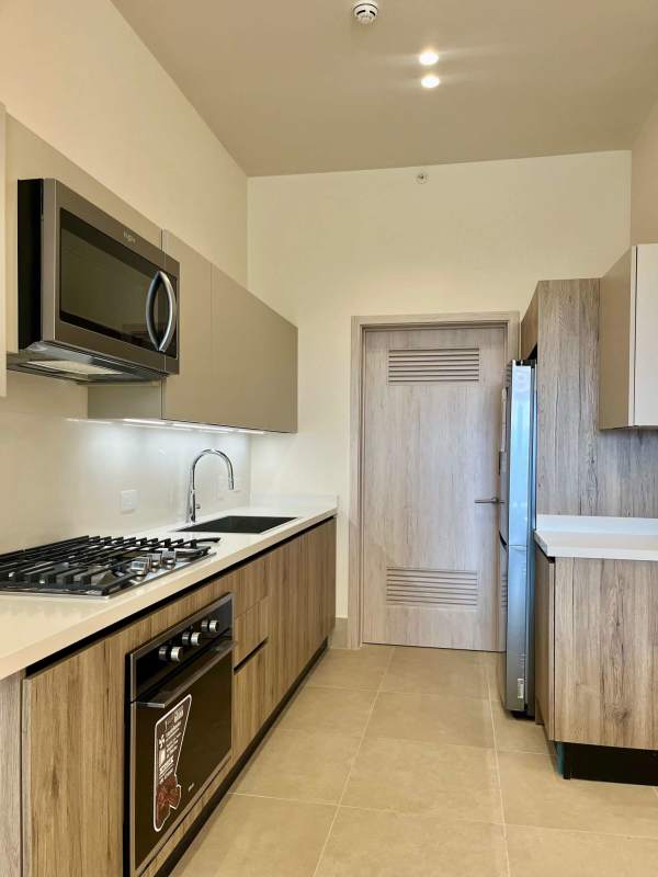 Modern kitchen with stainless appliances and wood cabinetry in Ocean House Santa Maria Panama City