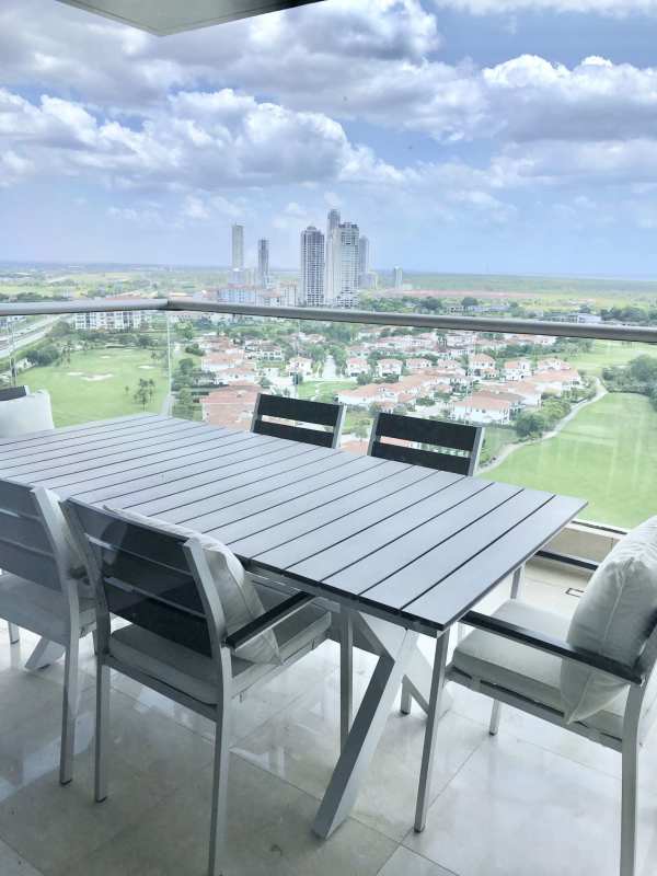Panoramic balcony overlooking Santa Maria Golf Course and Panama skyline in luxury apartment
