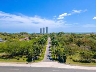 Bird's eye of beach coastal community Rio Mar in Panama with ocean coastline and residential areas