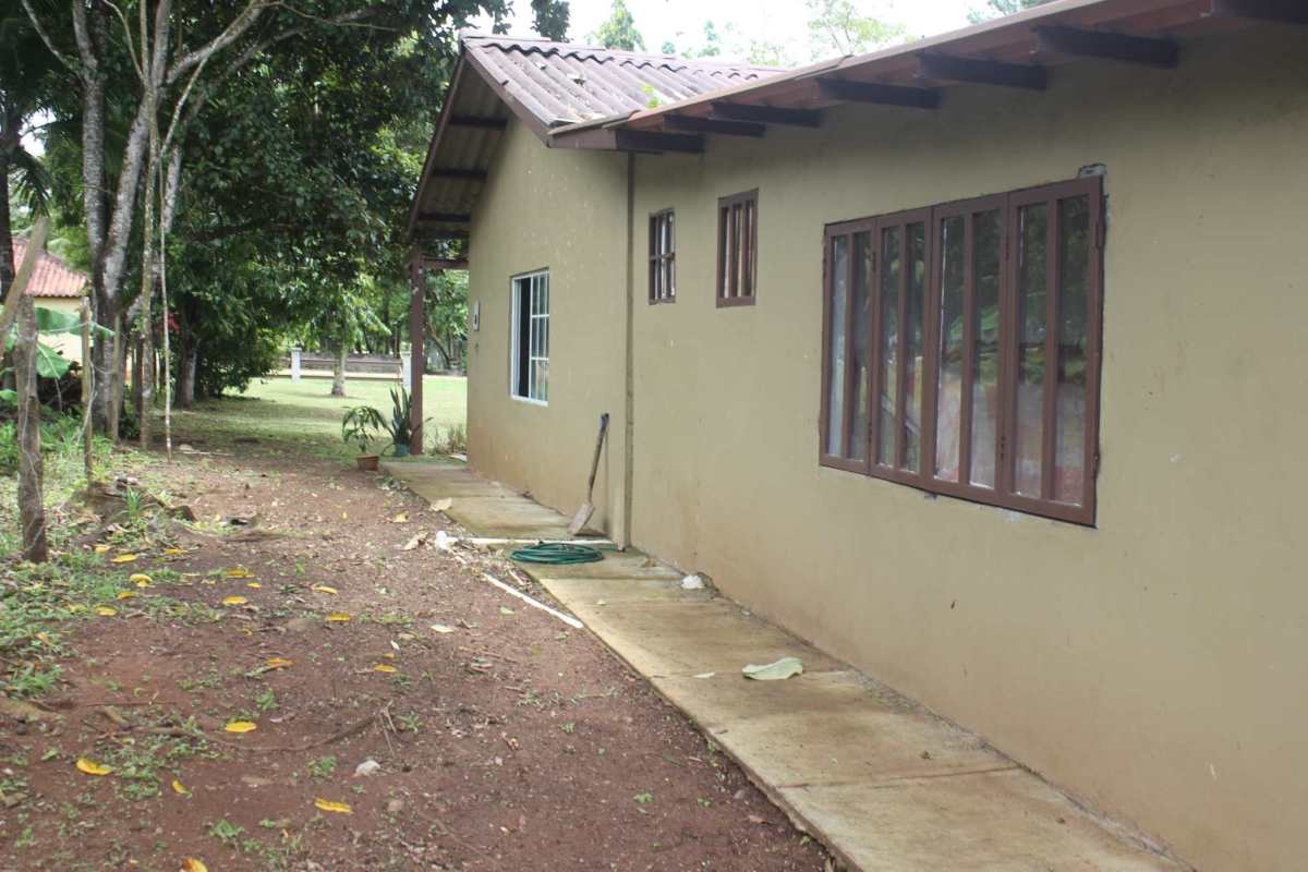 Single-story rustic house side view with tiled roof and surrounding garden near Pacora