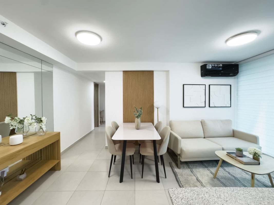 Bathroom with walk-in closet built-in shelving gray tile PH Los Pueblos Tower Panama