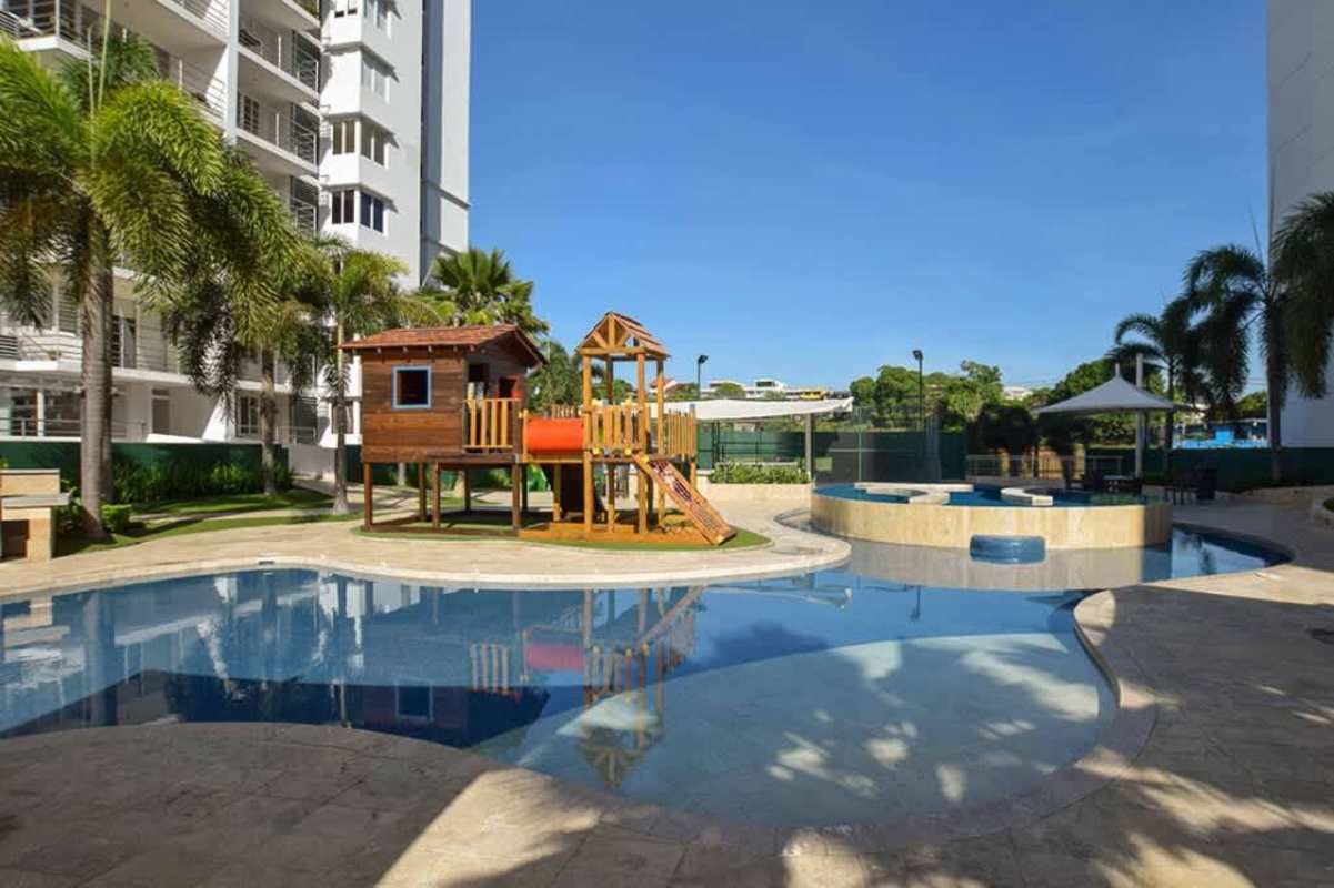 Aerial twin towers of PH Transistmica Residences with pool Panama City