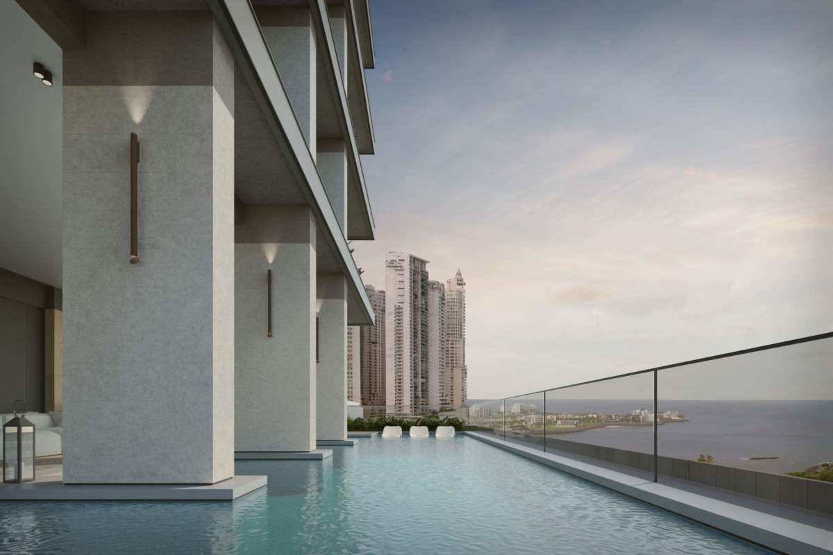 Luxury minimalist bedroom with ocean and city skyline view in Punta Pacifica Panama