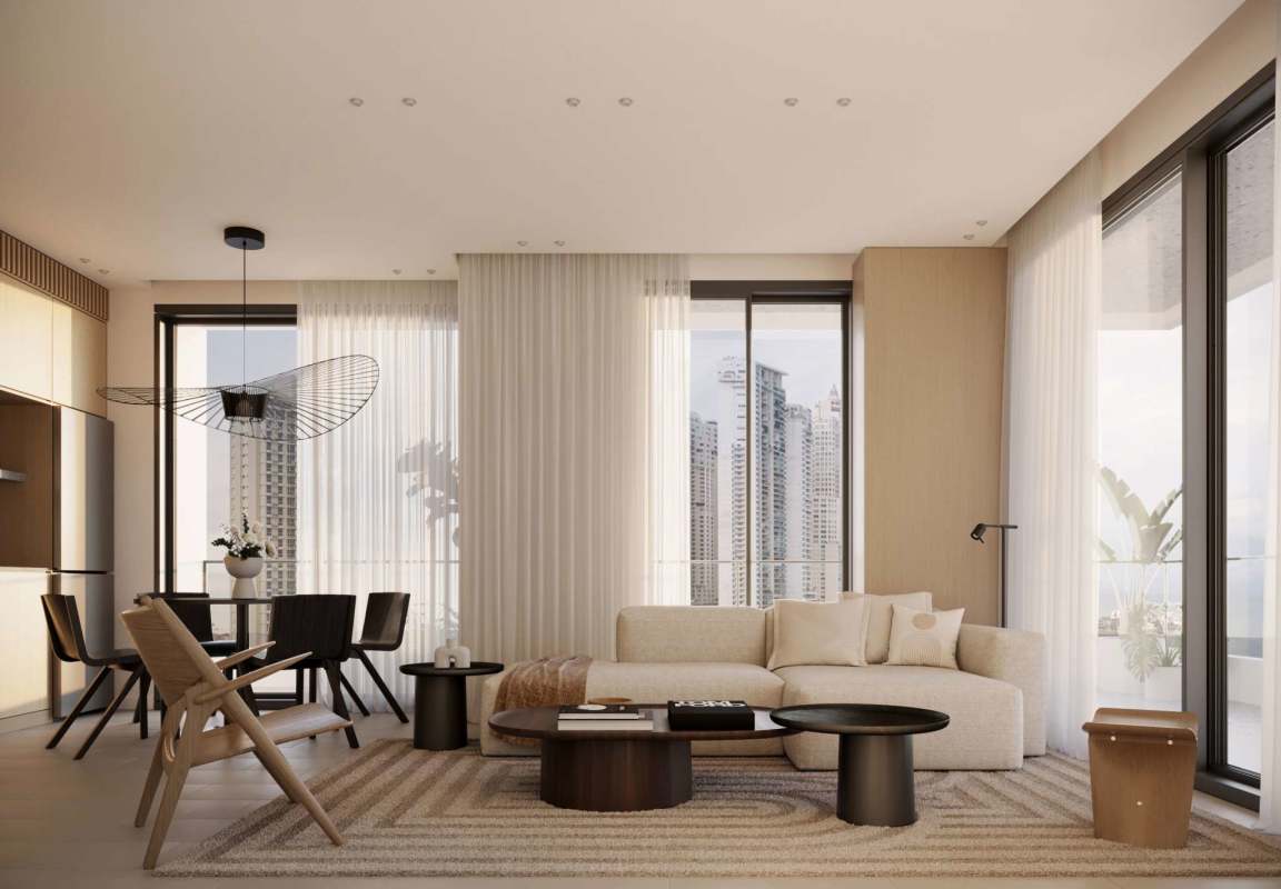 Open plan living dining room with floor-to-ceiling windows and skyline view in Punta Pacifica Panama