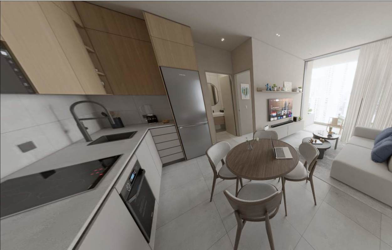 Modern bathroom with glass shower, vanity mirror in APPTA new tower Panama