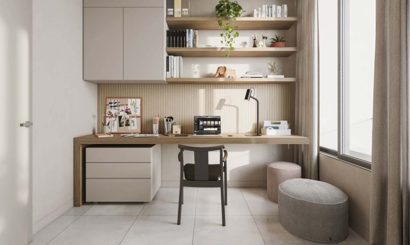 Bright open plan living room with windows, modern kitchen dining in APPTA Bella Vista