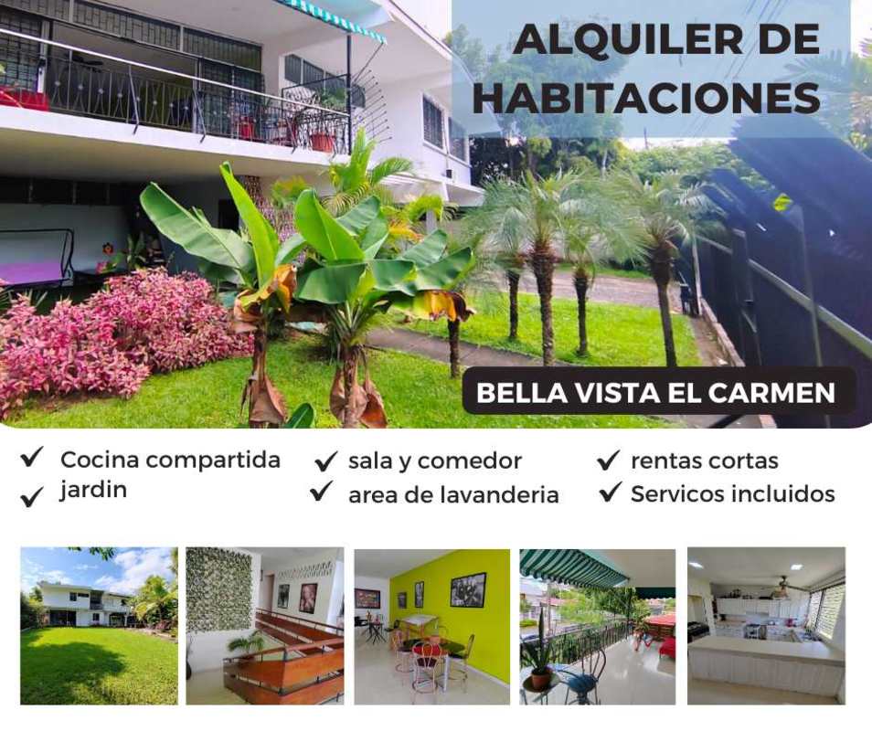 Exterior white two-story house lush garden balcony awning Bella Vista Panama for rent rooms