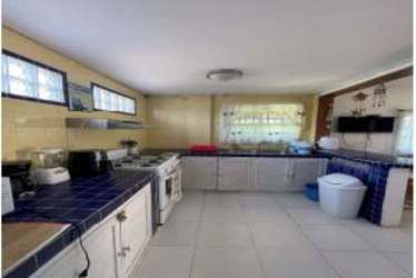 Traditional Caribbean kitchen with blue tile countertops large window Isla Grande Panama