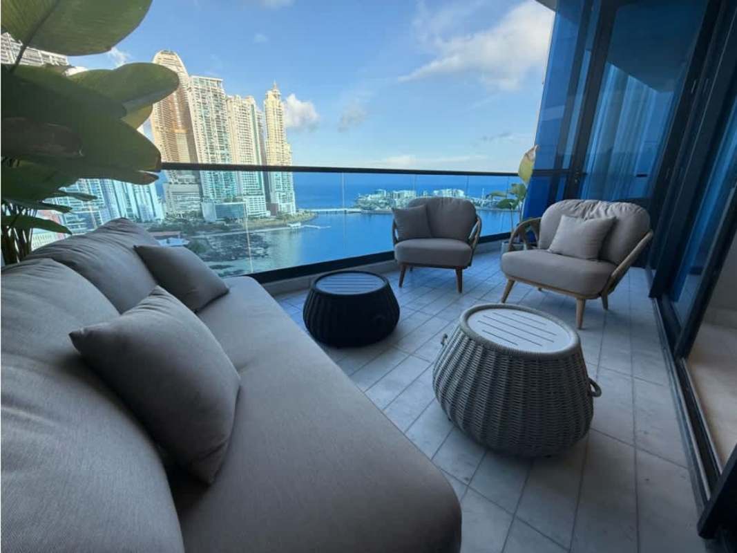 Modern bathroom with double sink vanity and glass shower in Ocean Front condo Punta Pacifica