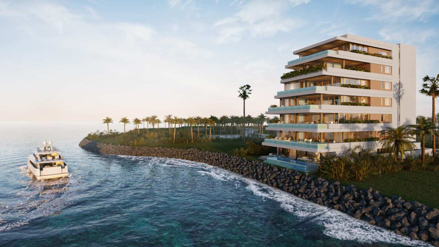 Contemporary oceanfront high-rise building with large balconies, infinity pool, at Ocean Reef Islands Panama
