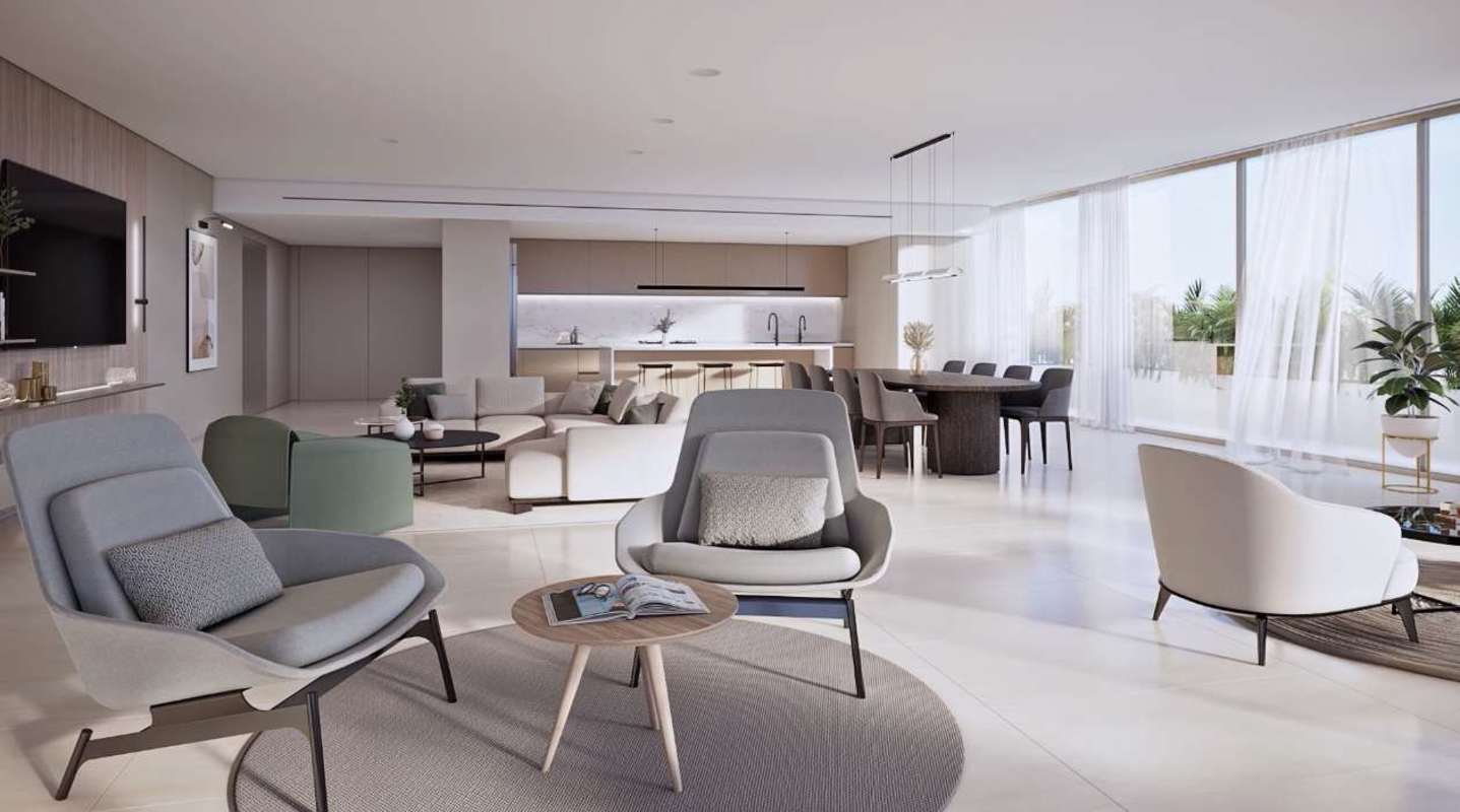 Modern open living dining space with panoramic windows and luxury finishes at Ocean Reef condo Panama