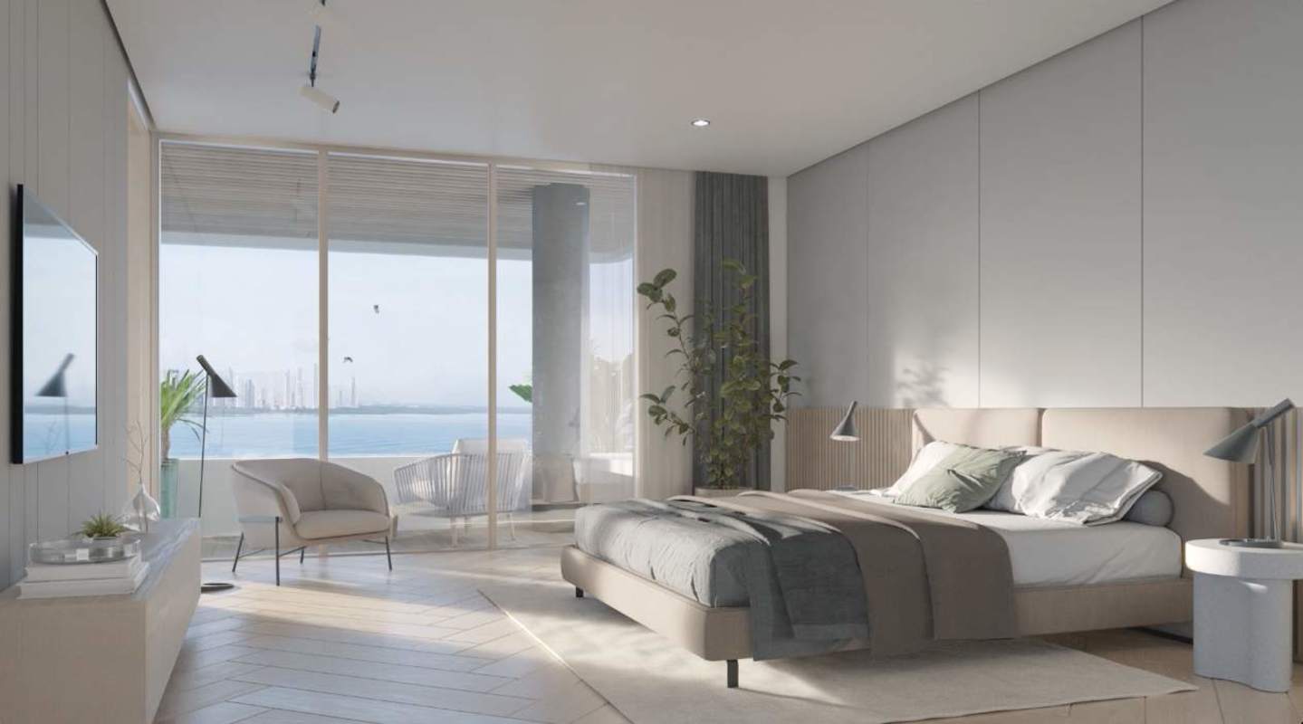 Modern minimalist bedroom with floor-to-ceiling windows and panoramic ocean view at Ocean Terrace Ocean Reef Panama