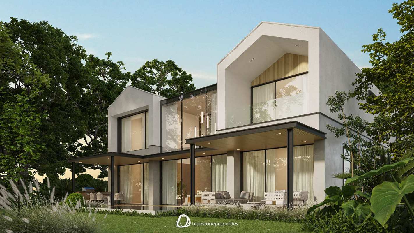 Aerial panoramic view of Santa María Golf & Country Club with course, lakes, residences and skyline in Panama City