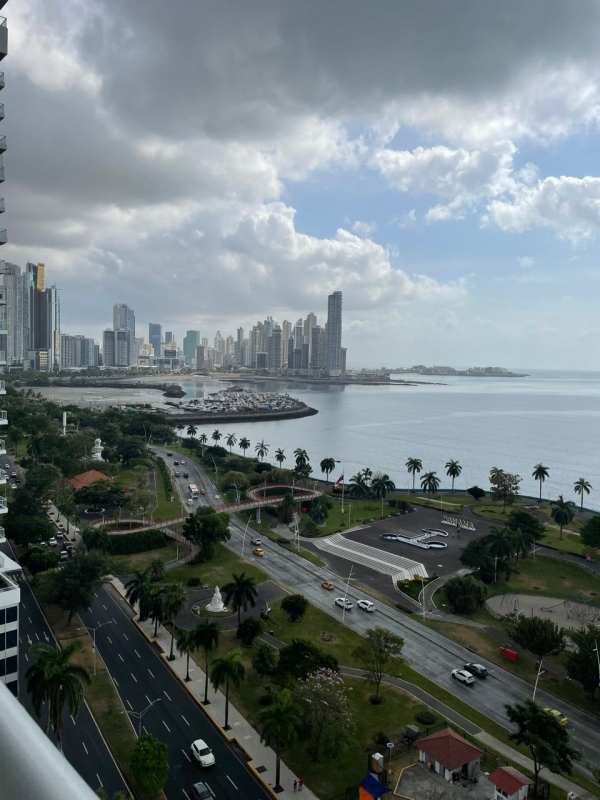 Private balcony overlooking Pacific Ocean skyline PH BICSA Financial Center Panama