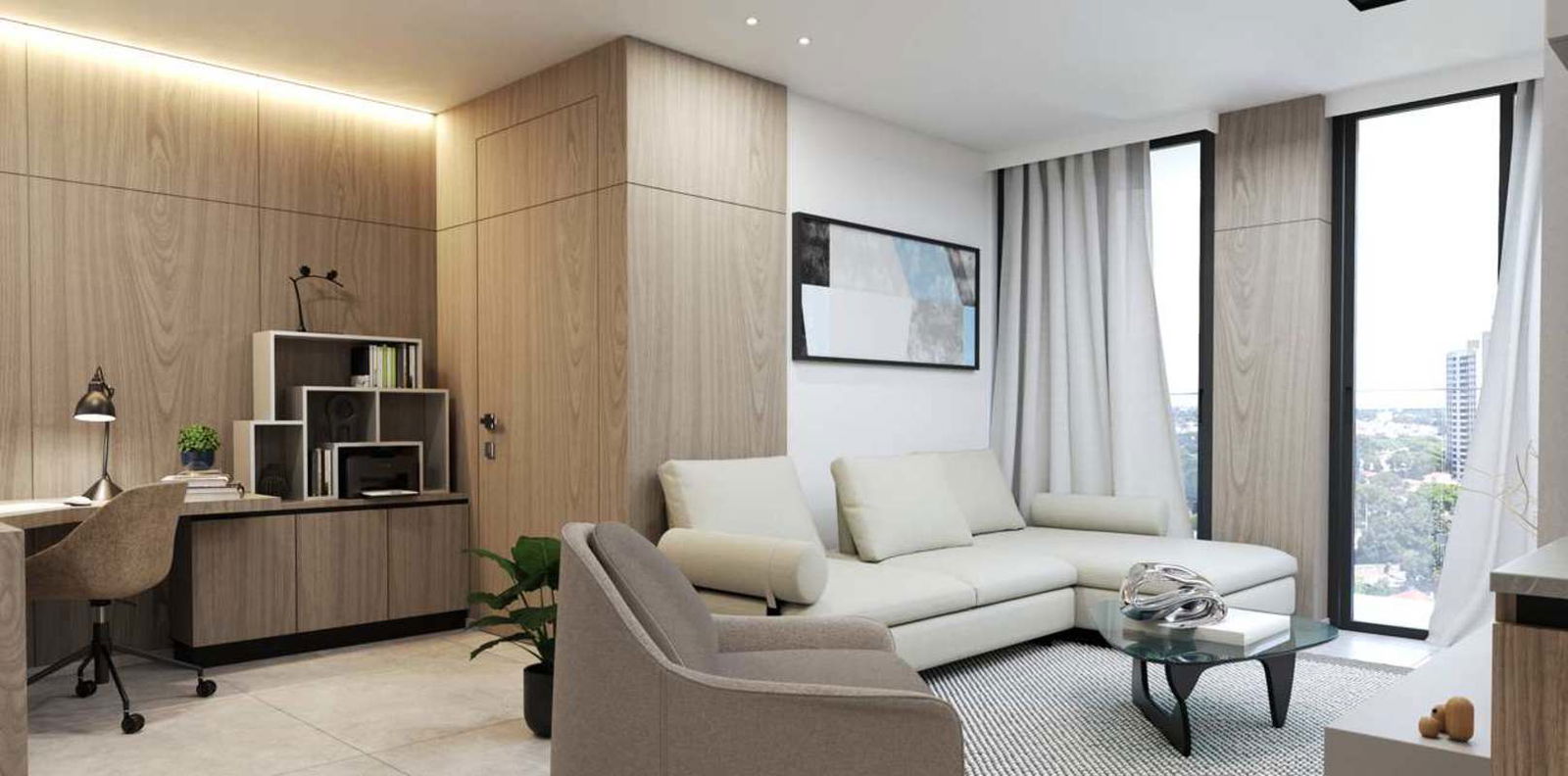 Elegant living room with marble feature wall and large windows in PH X San Francisco Panama