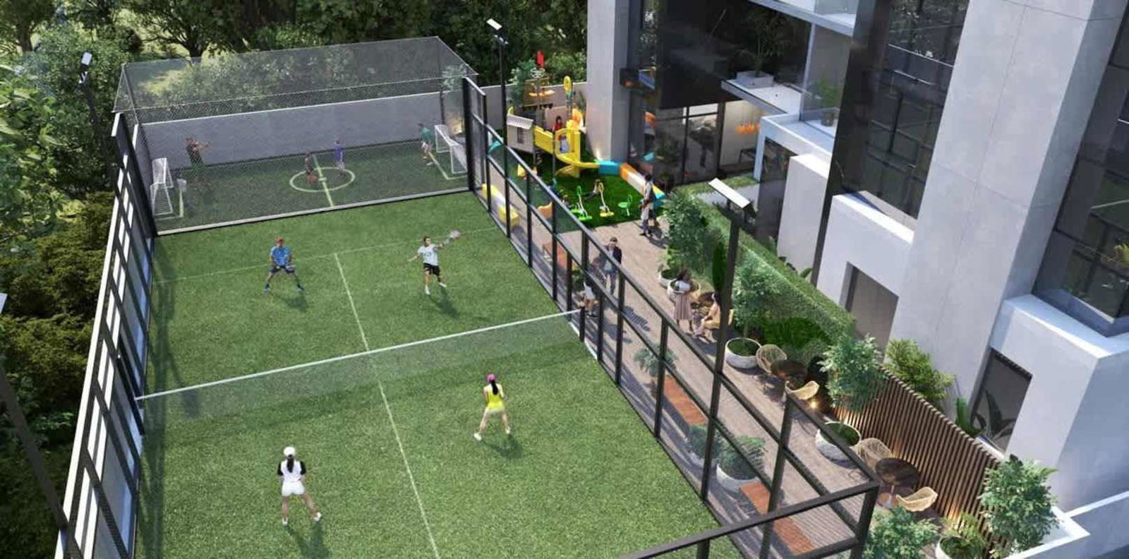 Aerial view courtyard with multi-sport court, kids playground, and green spaces at PH X San Francisco Panama