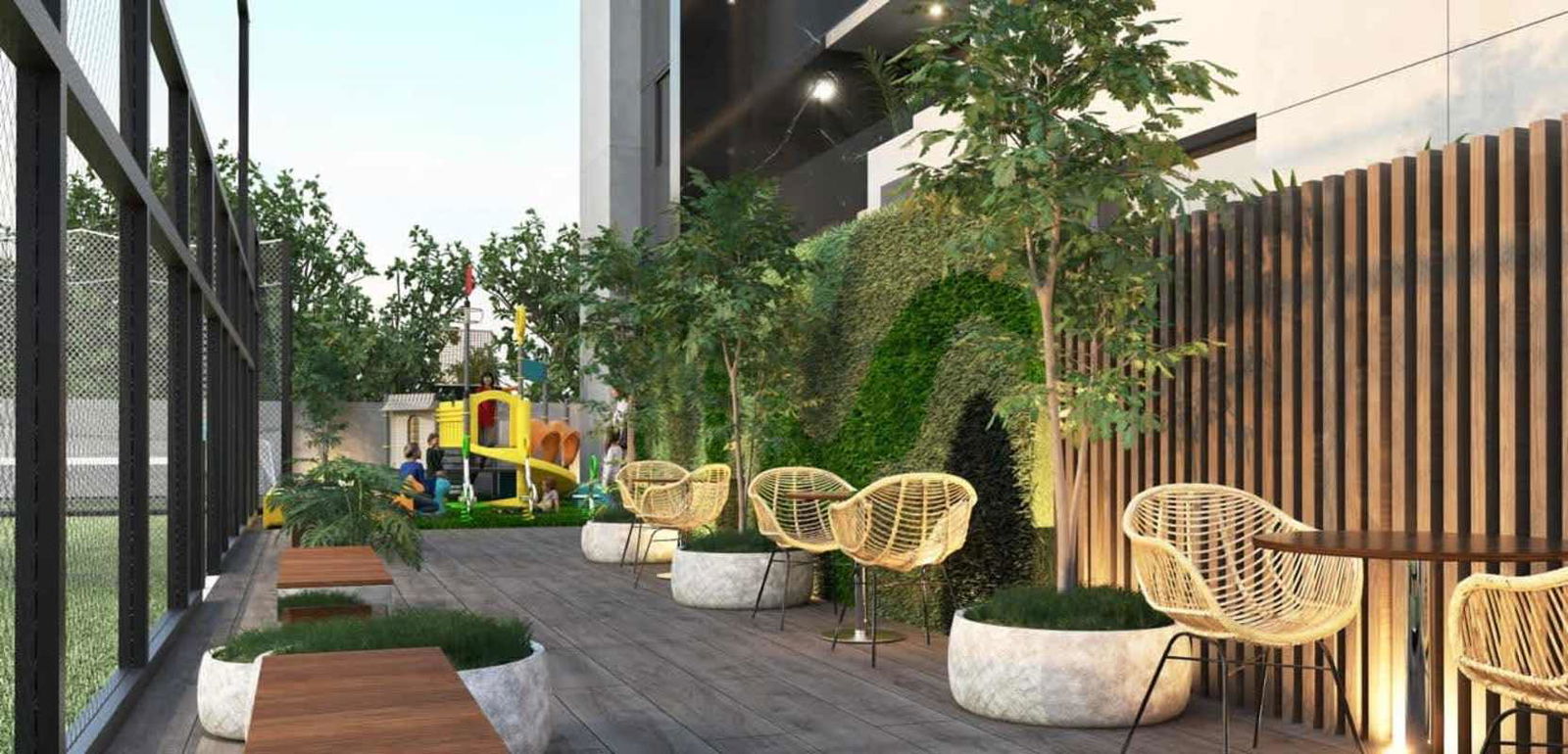 Outdoor area with greenery, benches, children play zone in PH X San Francisco Panama
