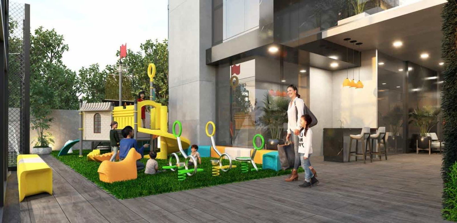 Family-friendly play area and outdoor seating in PH X The Building San Francisco Panama