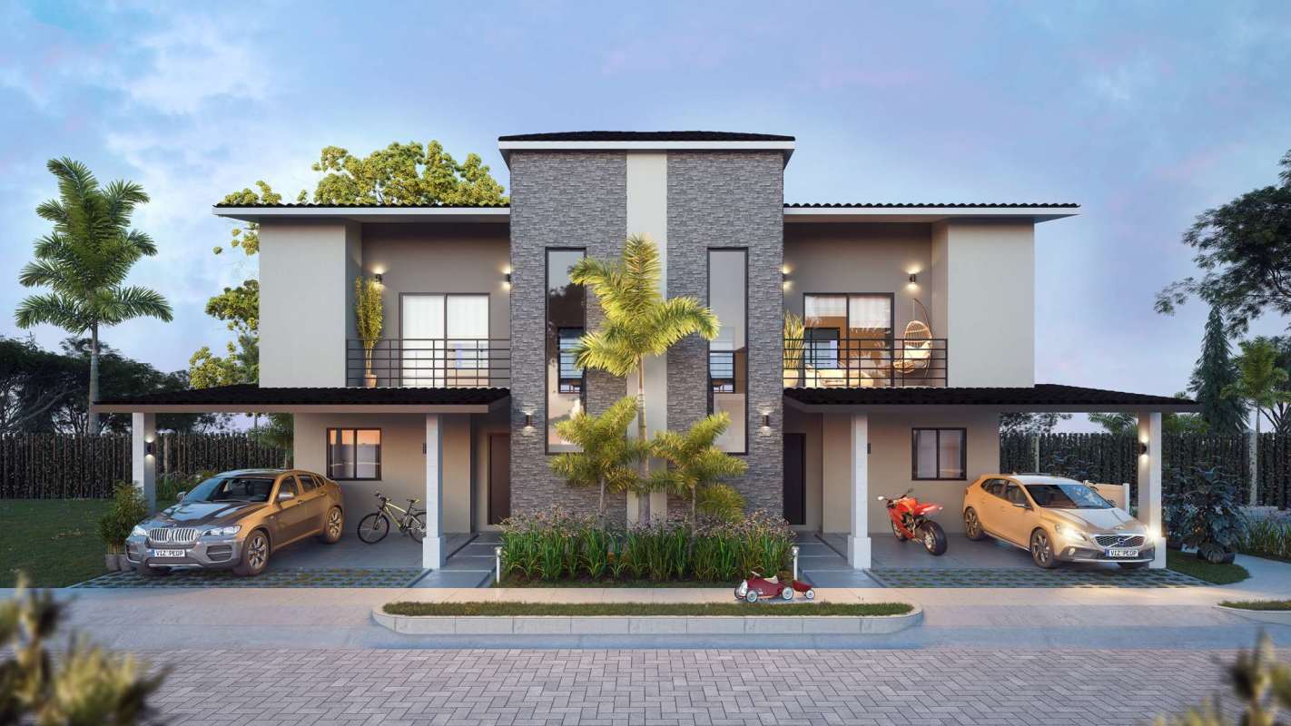 Facade of modern duplex villa homes with garden and balcony Costa Sur Panama
