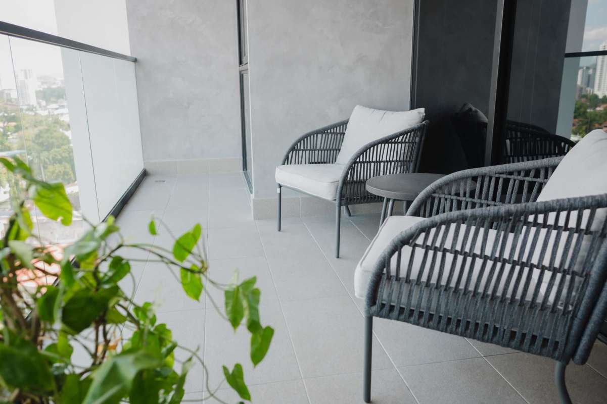 Modern bathroom with rainfall shower glass enclosure Victory Wellness Tower Panama