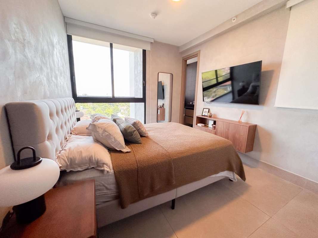 Second bedroom with city skyline view Victory Wellness Tower Panama