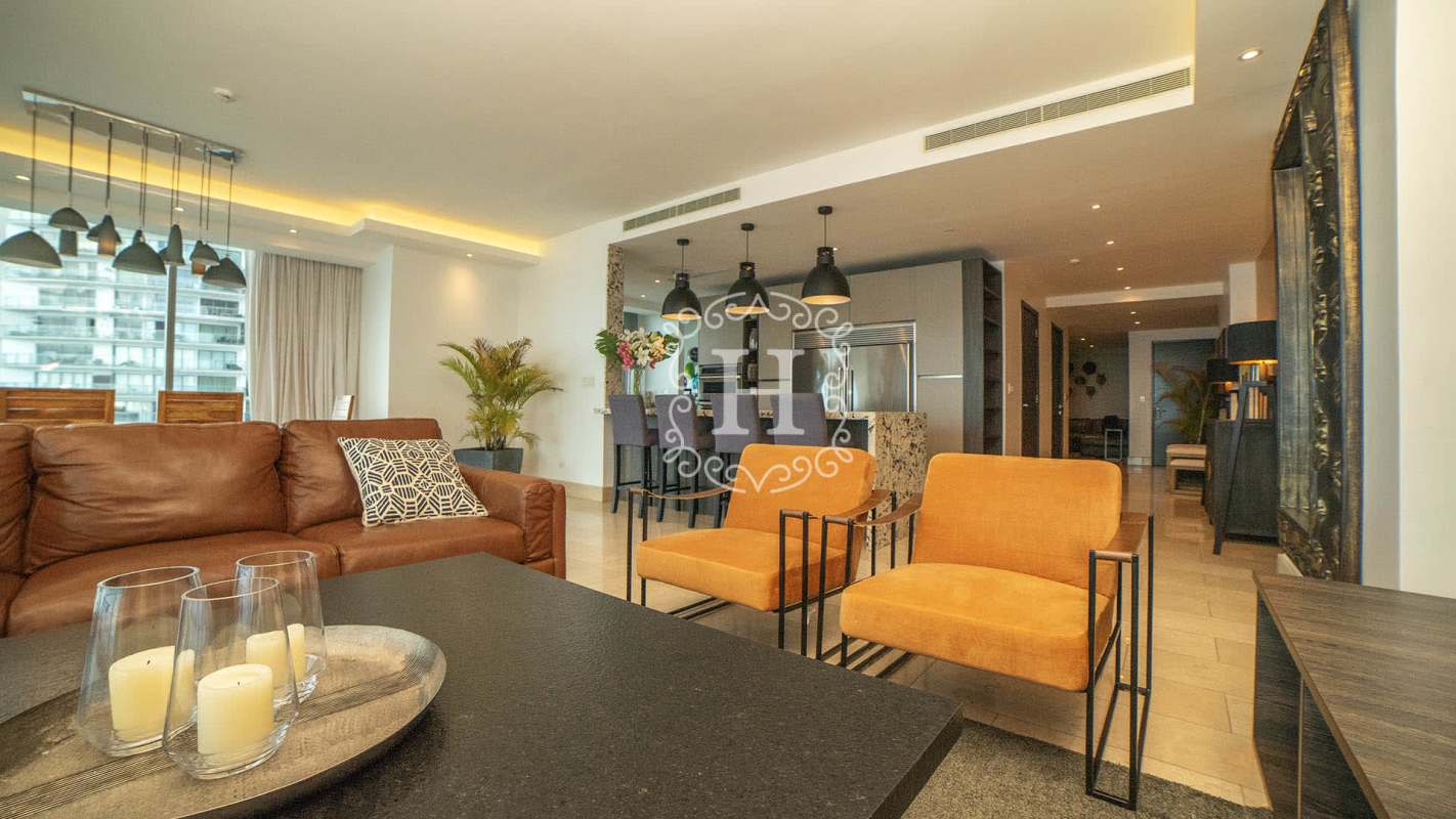 Fully equipped sleek gourmet kitchen in luxury apartment at Grand Tower Punta Pacifica for rent