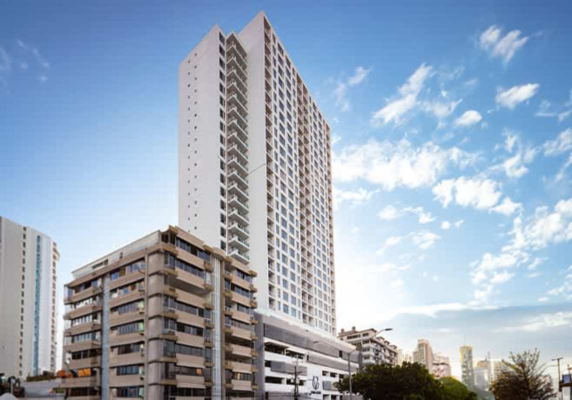 Facade of modern luxury high-rise PH Van Gogh condominium El Cangrejo Panama City