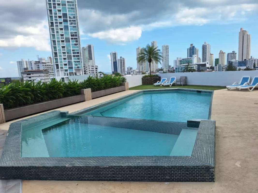 Rooftop pool and jacuzzi with panoramic skyline view PH Sky Blue Tower San Francisco Panama