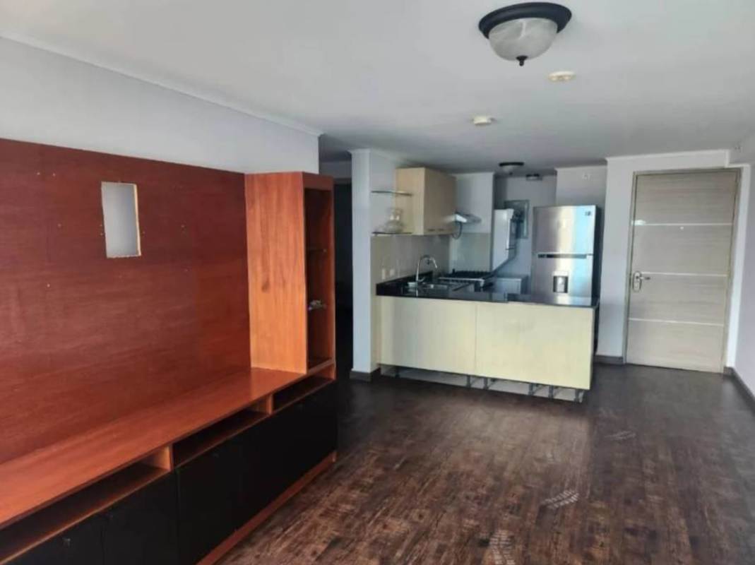 Modern open living space with kitchen cabinetry, granite countertops, wood floors, AC in PH San Francisco Bay Panama City