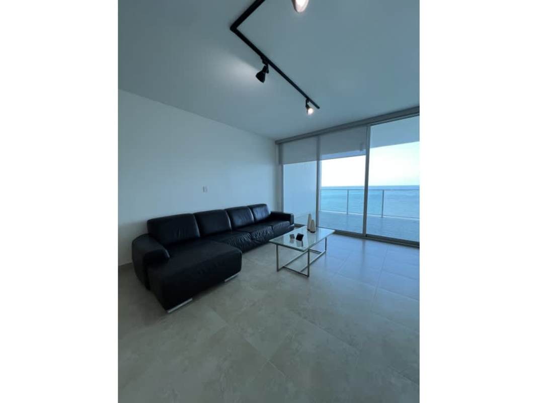 Expansive terrace balcony overlooking Pacific Ocean and city skyline in PH H2O on Avenida Balboa Panama City.