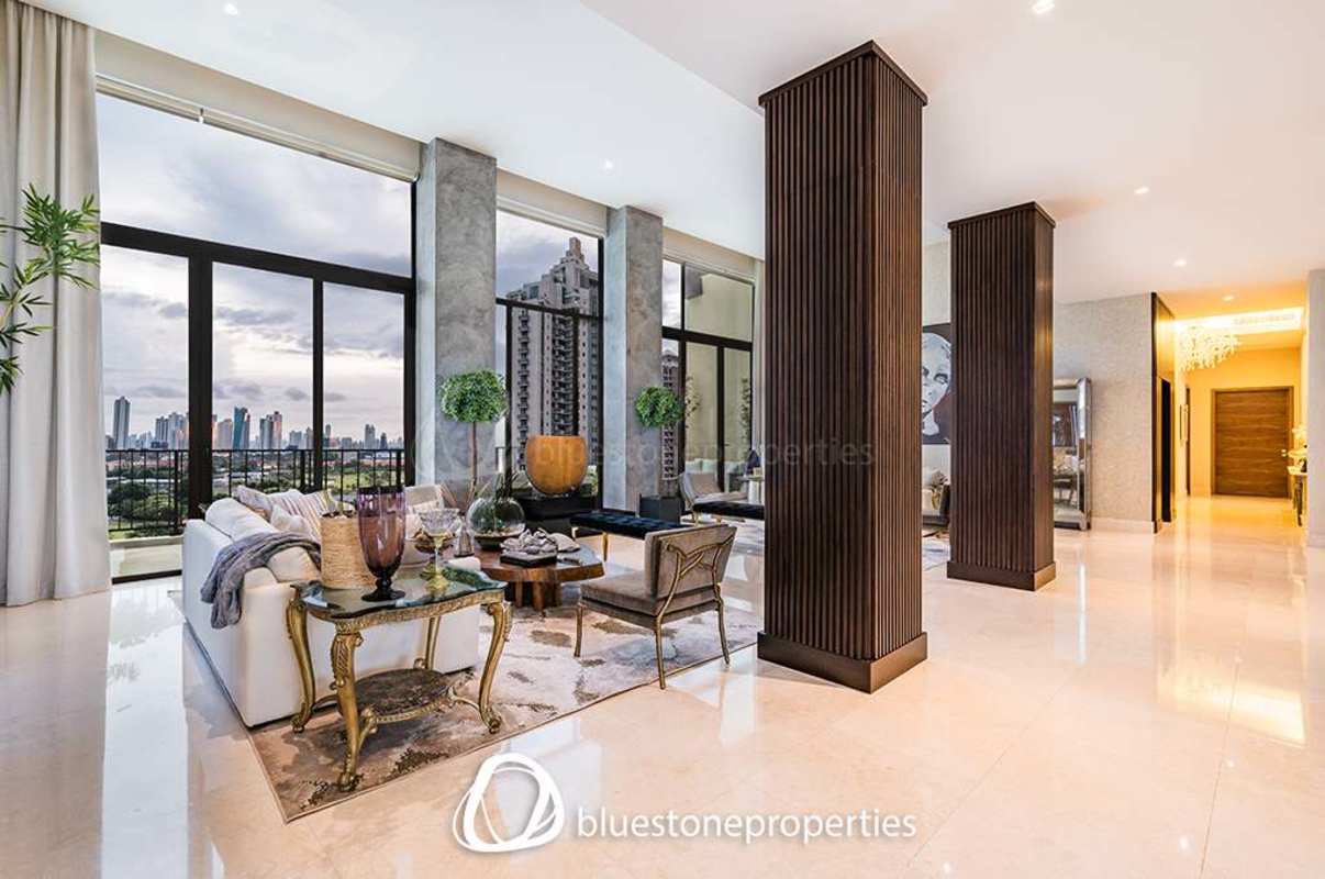 Spacious living room with golf course views, marble floors luxury penthouse Santa María Panama
