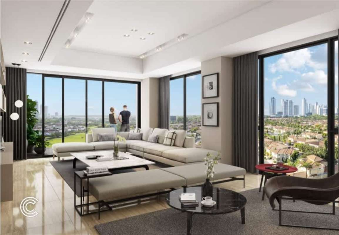 Modern kitchen with marble surfaces, integrated appliances in PH Celeste Santa Maria Panama