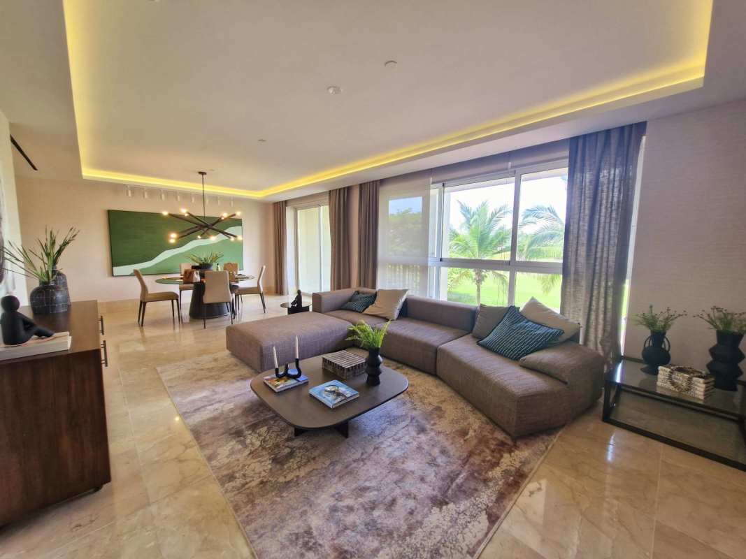 Spacious gourmet kitchen with marble island and modern design at The Reserve Santa Maria Panama