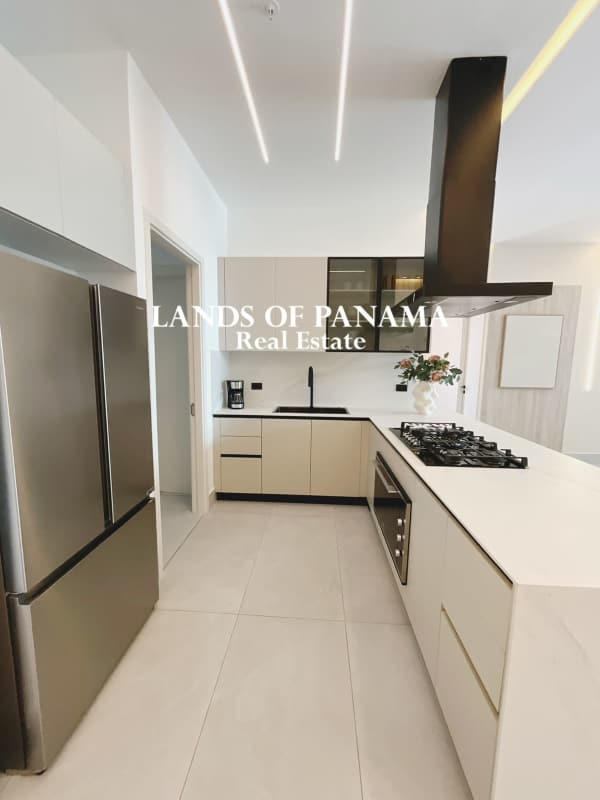 Contemporary bathroom in luxury Punta Paitilla apartment with glass shower and porcelain tile