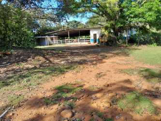 Rural property view with dirt driveway, shed, fencing and green trees in countryside Panama