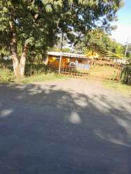 Single-story farmhouse behind metal gate and large trees, dirt road access in Veraguas Panama