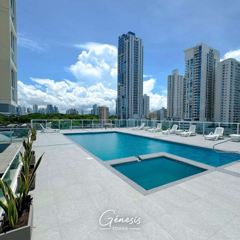 Rooftop swimming pool with panoramic city skyline view at PH Genesis Tower San Francisco Panama