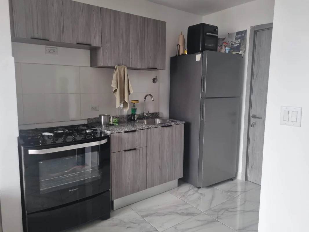 Furnished 1-bedroom 2-bath apartment floor plan with balcony at PH BICSA Panama City