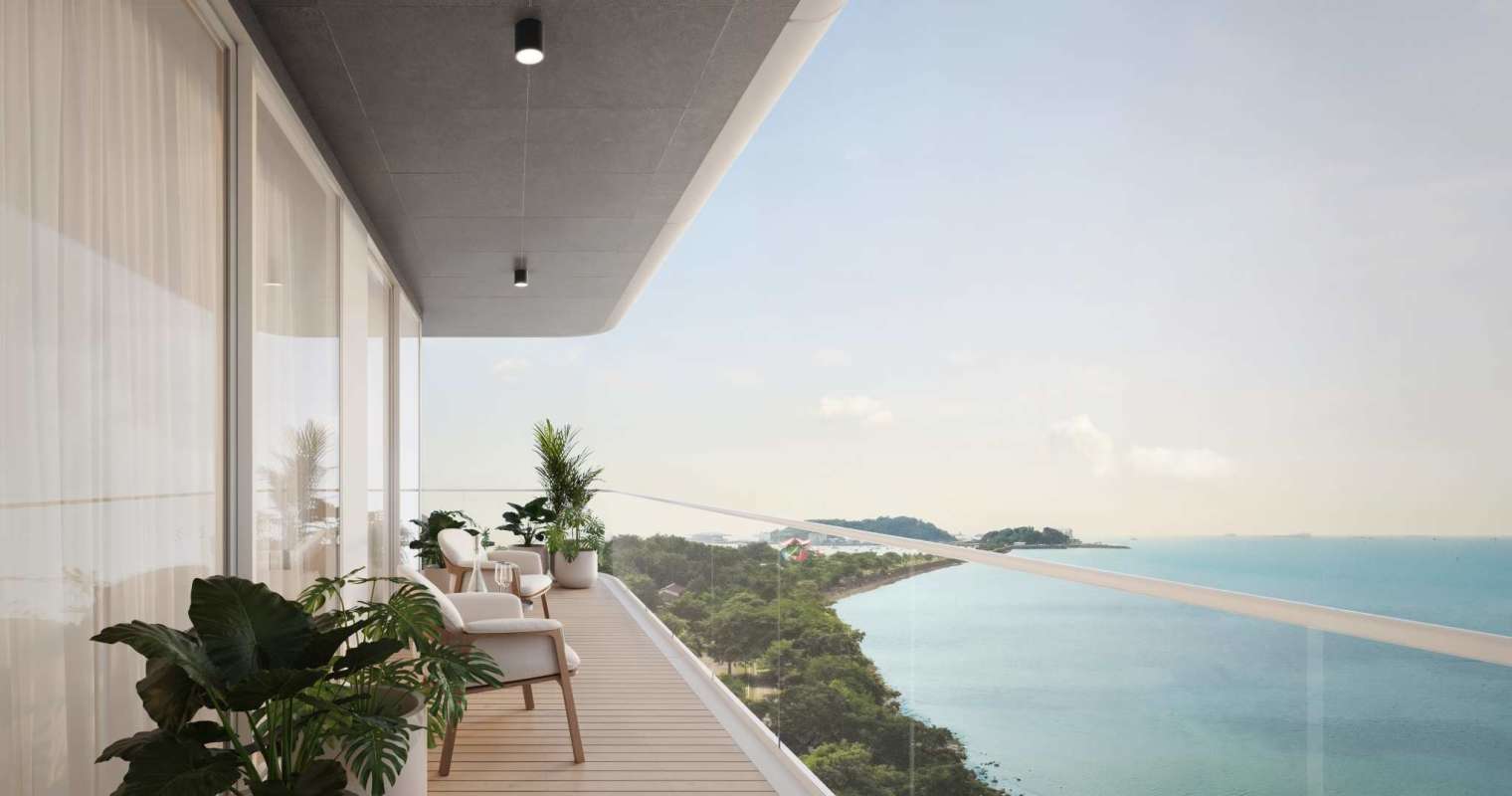 Balcony overlooking Pacific Ocean and Panama skyline luxury condo Nautilus Residences