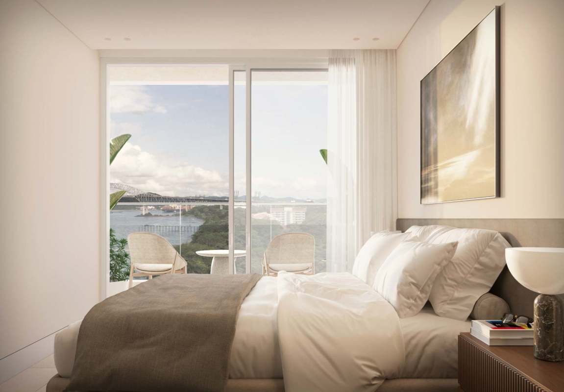 Modern bedroom inside waterfront studio condo with balcony in Amador Panama