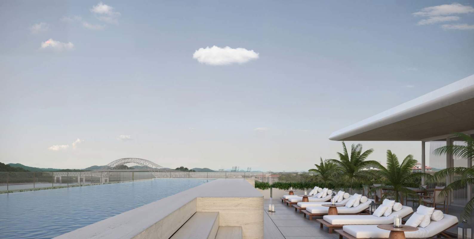 Infinity rooftop pool with city skyline and Pacific ocean view Panama Nautilus Residences