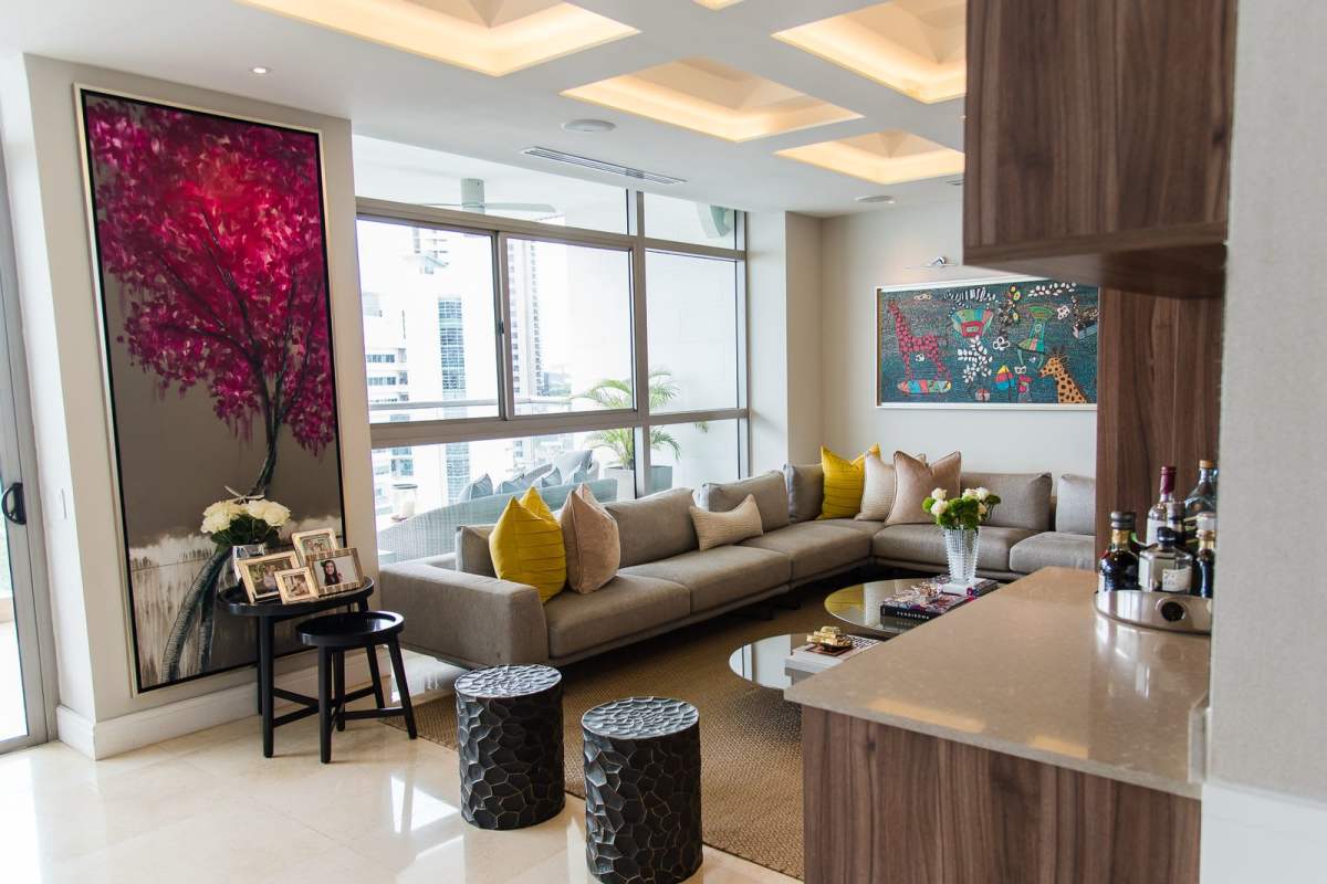 Large master bedroom in PH Paramount Costa del Este with hardwood floors and skyline view